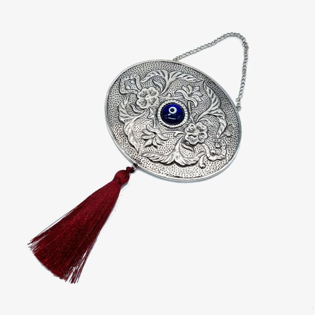 Large Silver Wall Mirror with Evil Eye Beads - 1
