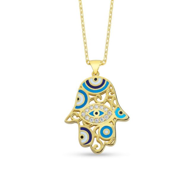 Fatima Hand Eye Enamel Gold Silver Women's Necklace - 1