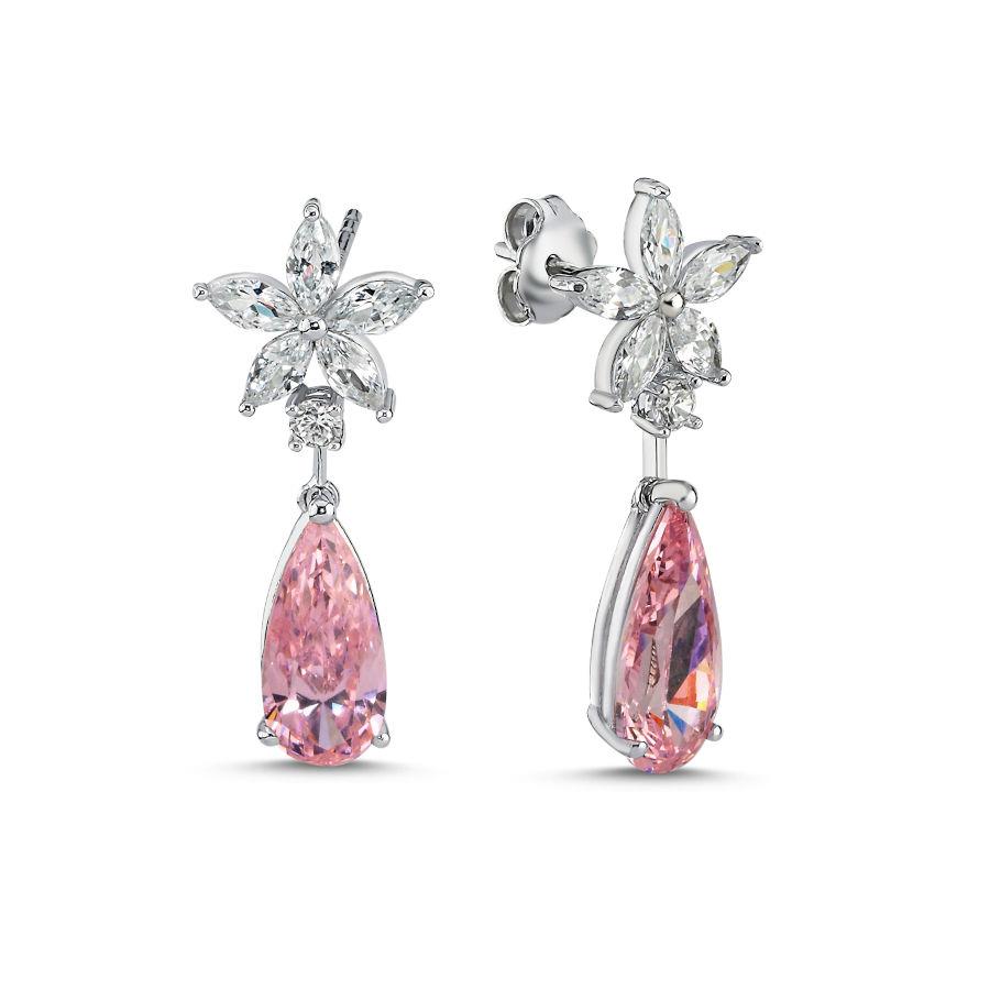 Fiore Çiçek Pembe Drop Gümüş Kadın Küpe - CNG Jewels