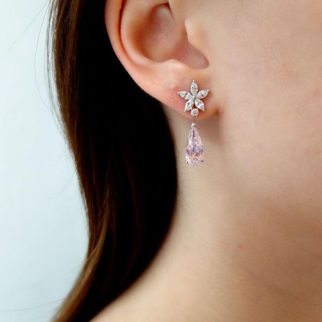 Fiore Flower Pink Drop Silver Women's Earrings - 2