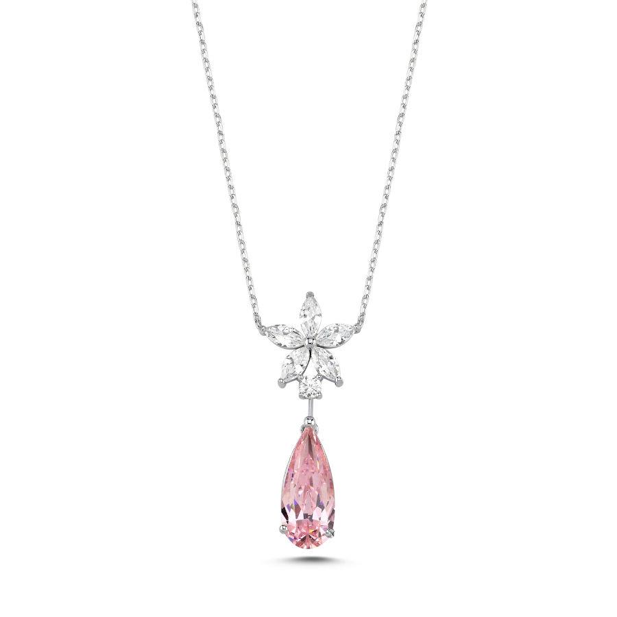 Fiore Flower Pink Drop Women's Silver Necklace - CNG Jewels