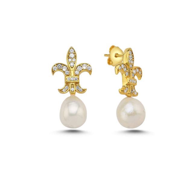 Fleur De Lis Zambak İncili Tasarım Kadın Gümüş Küpe - 1