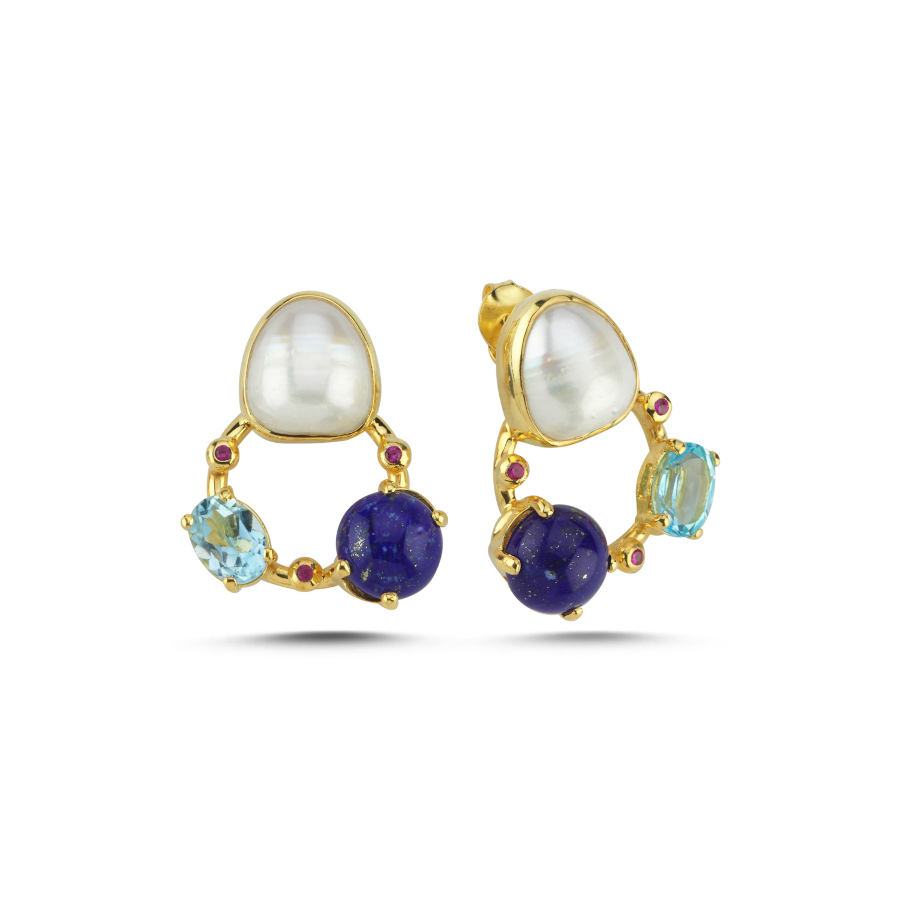 Galaxy Natural Lapis Blue Topaz Pearl Silver Earrings - CNG Jewels