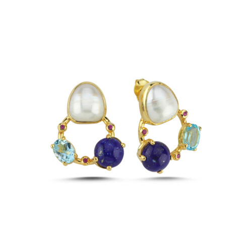 Galaxy Natural Lapis Blue Topaz Pearl Silver Earrings - CNG Jewels