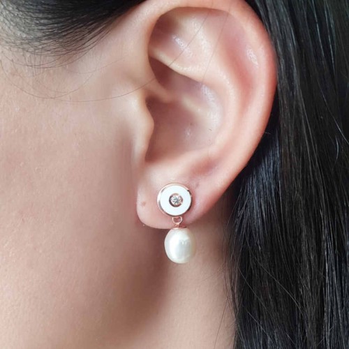Natural Pearl White Enameled Silver Women's Earrings 