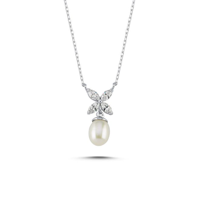 Real Pearl Marquise Rose Women's Silver Necklace - 1