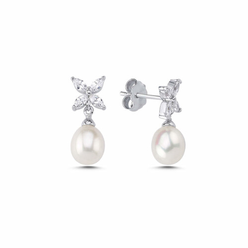 Real Pearl Marquise Roza Women's Silver Earrings - CNG Jewels