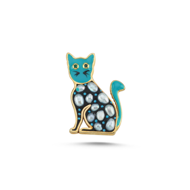 Gerçek İnci Mineli Kedi Gümüş Broş - 1