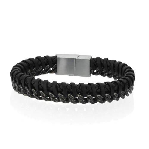 Intricately Knitted Leather Gurmet Chain Steel Men's Bracelet - 1