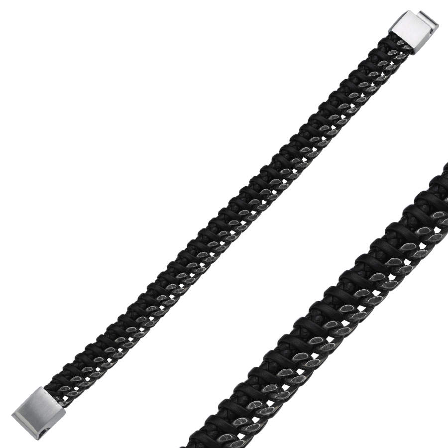 Intricately Knitted Leather Gurmet Chain Steel Men's Bracelet - CNG Jewels (1)