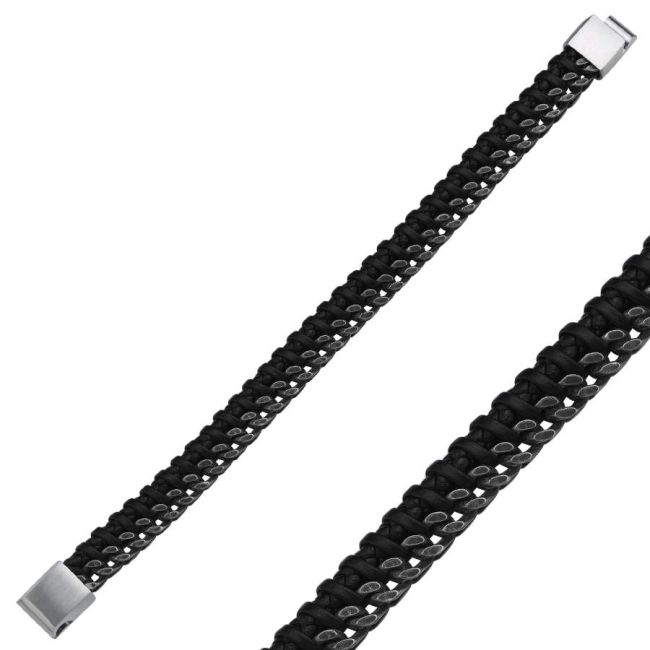 Intricately Knitted Leather Gurmet Chain Steel Men's Bracelet - 2