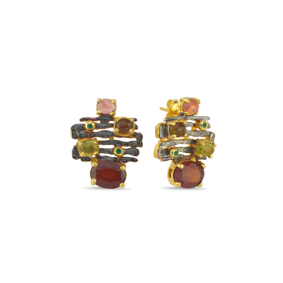 Granat Taşlı Zikzak Tasarım Gümüş Küpe - CNG Jewels