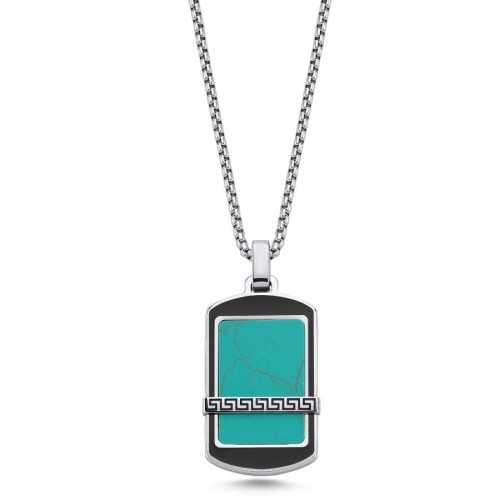 Greek Patterned Turquoise Plate Steel Men's Necklace - CNG Jewels