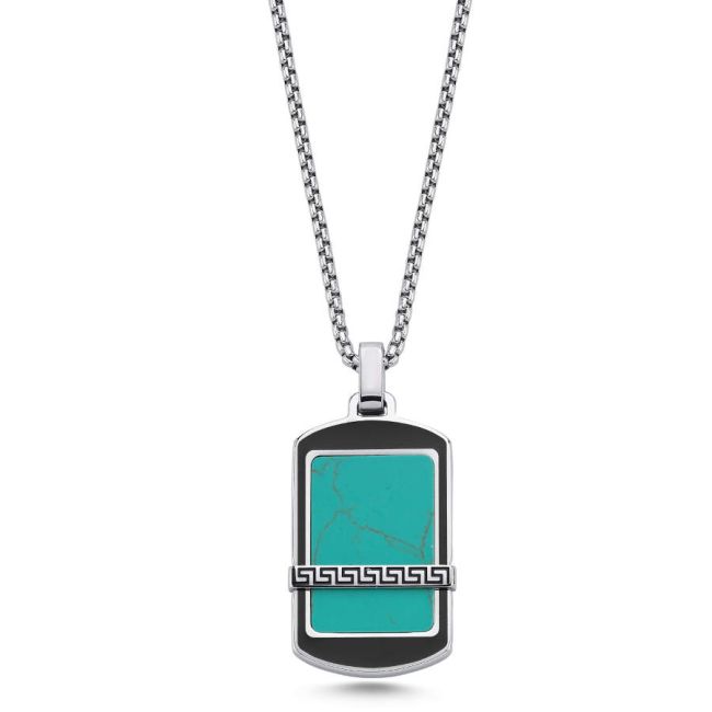 Greek Patterned Turquoise Plate Steel Men's Necklace - 1