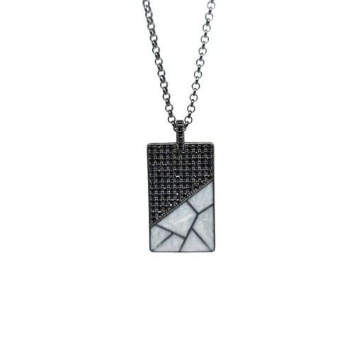 Gray Marble Patterned Plate Men's Silver Necklace - 1