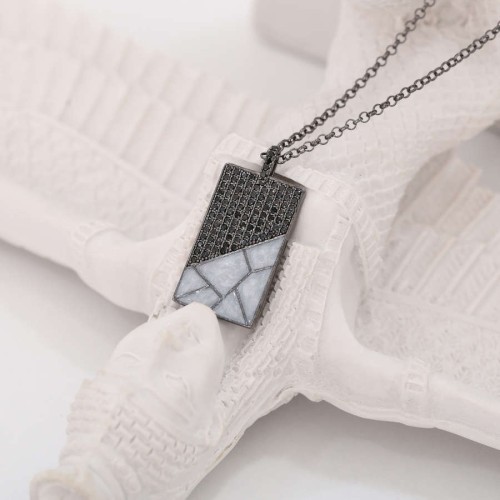 Gray Marble Patterned Plate Men's Silver Necklace - 4