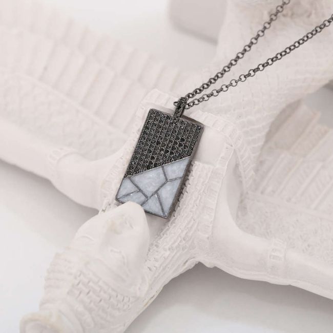 Gray Marble Patterned Plate Men's Silver Necklace - 4