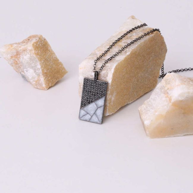 Gray Marble Patterned Plate Men's Silver Necklace - 2