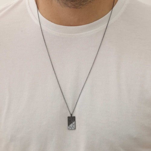 Gray Marble Patterned Plate Men's Silver Necklace - 3