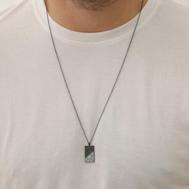 Gray Marble Patterned Plate Men's Silver Necklace - 3