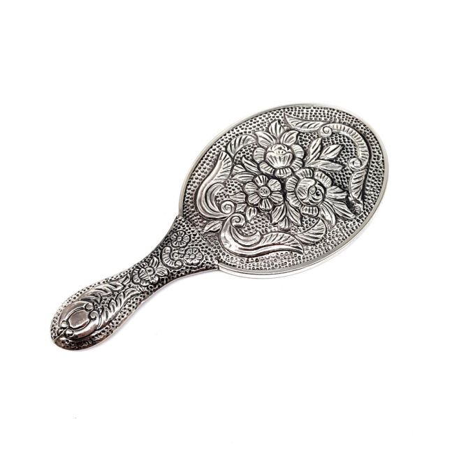 Rose Patterned Silver Hand Mirror No. 1 - 1