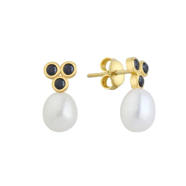 Silver Black Tria Gold Drop Real Pearl Earrings - 1