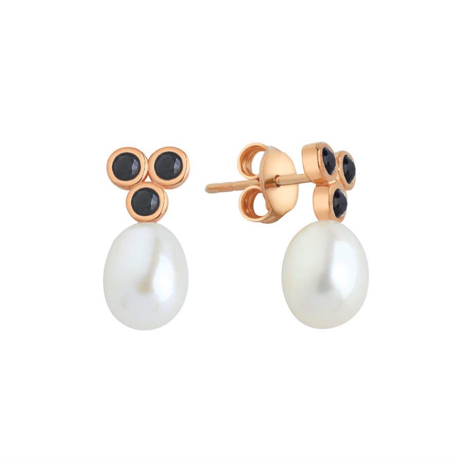 Silver Black Tria Rose Drop Pearl Earrings - CNG Jewels
