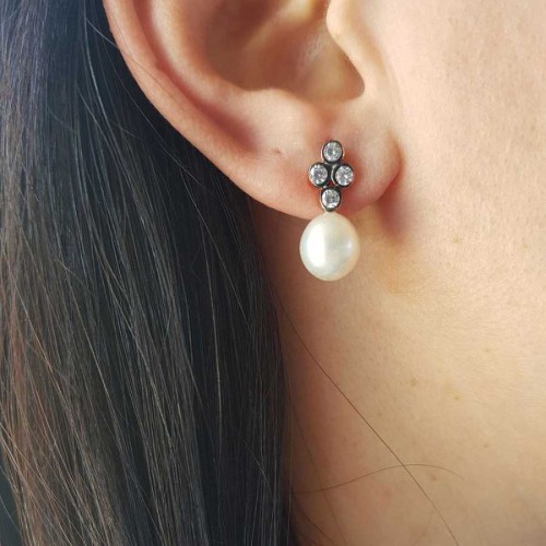 Silver Diamond Rose Real Pearl Earrings - 2