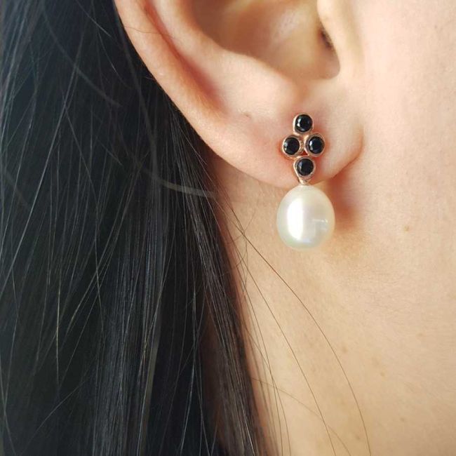 Silver Black Diamond Rose Real Pearl Earrings - 2