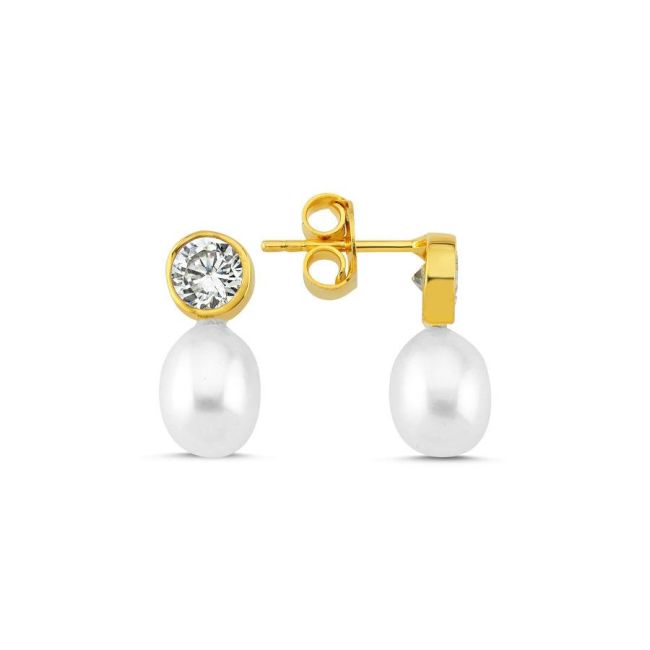 Silver Solitaire Drop Real Pearl Earrings - 1