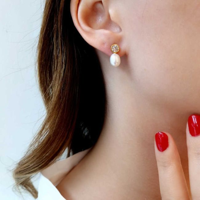 Silver Solitaire Drop Real Pearl Earrings - 2