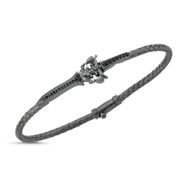 Wicker Braided Sword Patterned Silver Men's Bracelet - 1