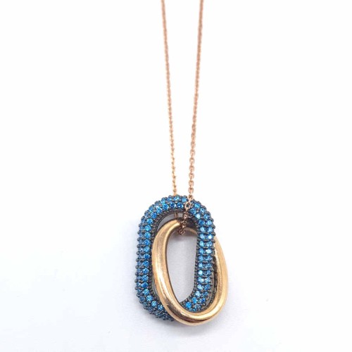 Silver Women's Necklace with Interlocking Oval Blue Stones - 1