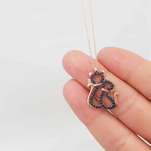 Silver Women's Necklace with Two Cats and Black Stones - CNG Jewels (1)