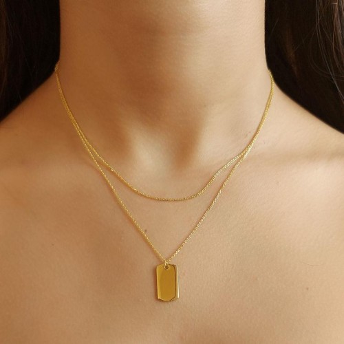 İki Zincirli Düz Plaka Gold Gümüş Kadın Kolye - CNG Jewels