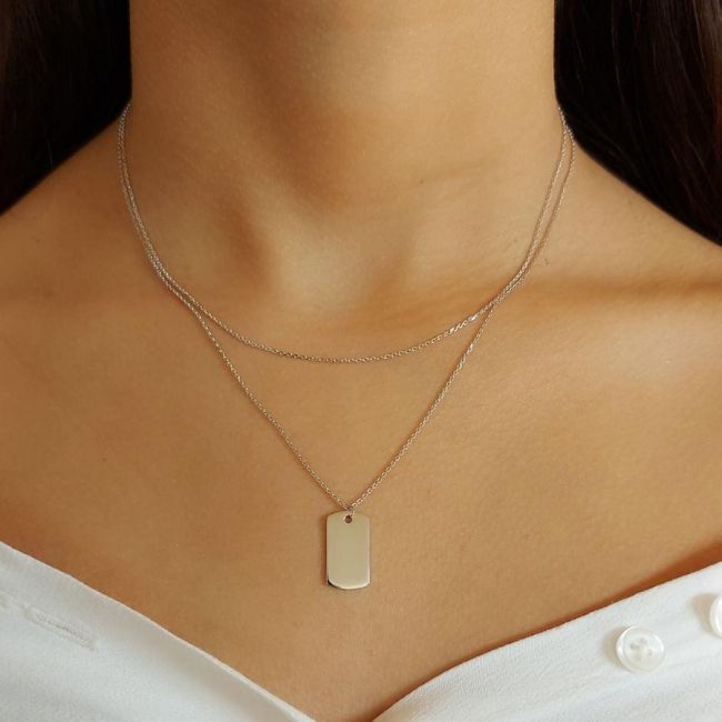 Two Chain Plain Plate Silver Women's Necklace - 1