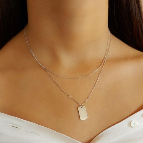 Two Chain Plain Plate Silver Women's Necklace - 2