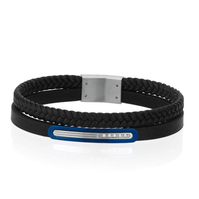 Double Leather Blue Plated Steel Men's Bracelet - 1