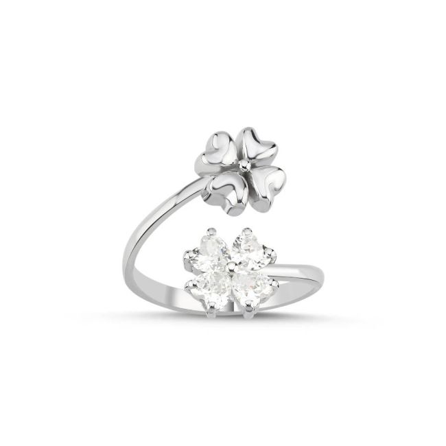 Double Four Leaf Clover Women's Silver Ring