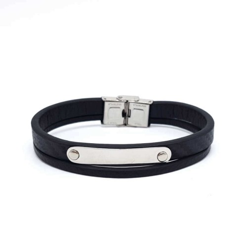 Double Black Leather Plated Steel Men's Bracelet - CNG Jewels