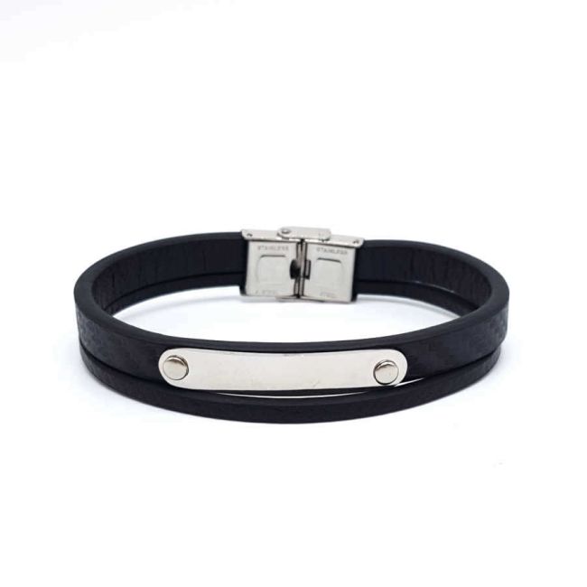 Double Black Leather Plated Steel Men's Bracelet - 1