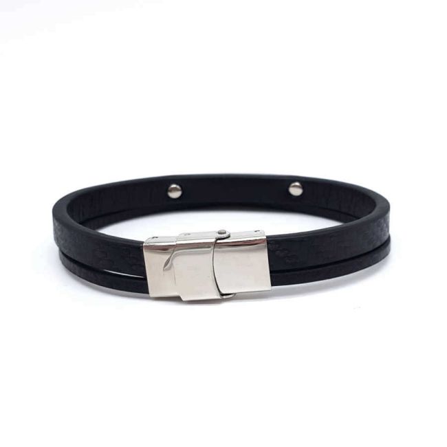 Double Black Leather Plated Steel Men's Bracelet - 2