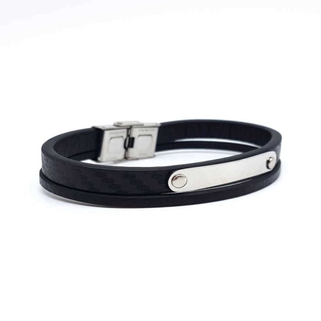 Double Black Leather Plated Steel Men's Bracelet - 3