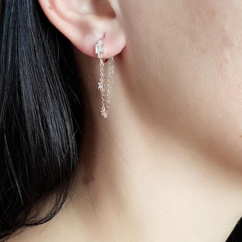 Double Chain Stone Hoop Rose Silver Women's Earrings - CNG Jewels