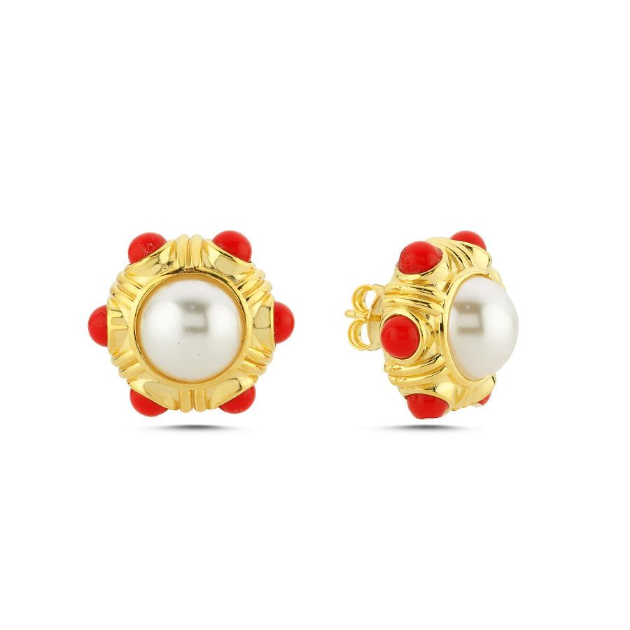 İnci Mercan Vintage Gold Gümüş Kadın Küpe - CNG Jewels