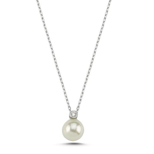Pearl Solitaire Minimal Silver Women's Necklace - 1