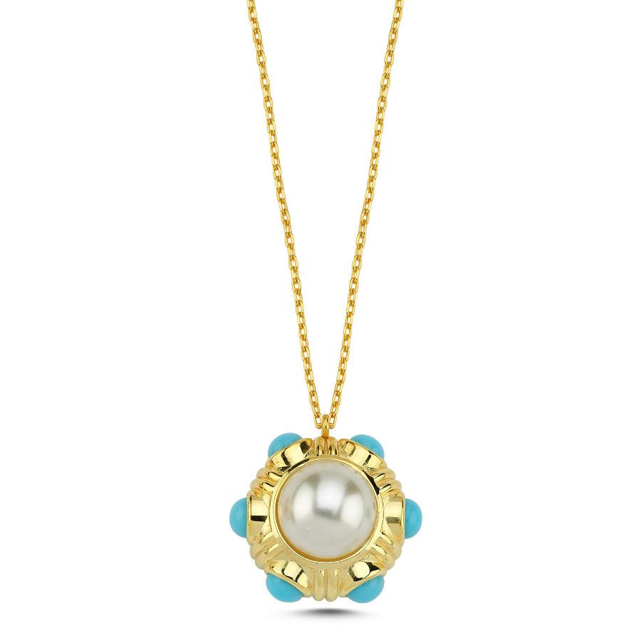 İnci Turkuaz Vintage Gold Gümüş Kadın Kolye - CNG Jewels