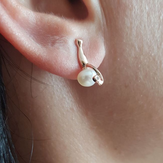 İncili Minimal Kedi Gümüş Kadın Küpe - 2