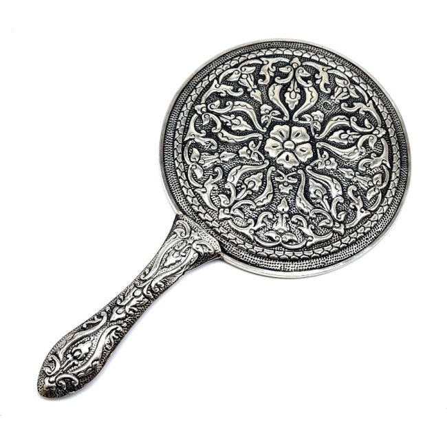 Extra Large Silver Hand Mirror with Ivy Pattern No. 5 - 1