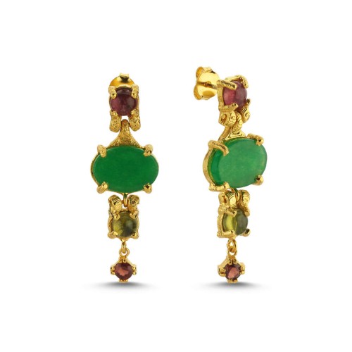 Jade Mix Stone Design Women's Silver Earrings - 1